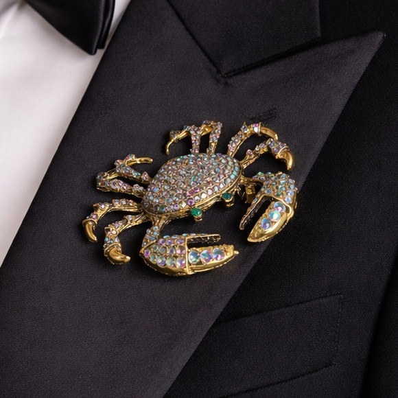 XX Jewelry - MAXIMALIST Rhinestone Crystal Coastal Crab Lapel Pin Brooch Tuxedo